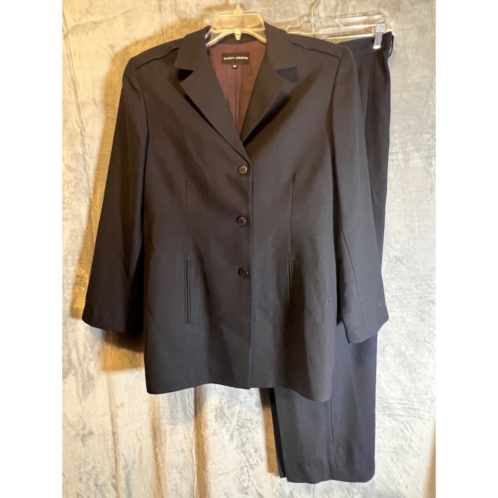 Randy Kemper Women's‎ 100% Wool Black Pantsuit Jacket Trousers Set 14 Made USA